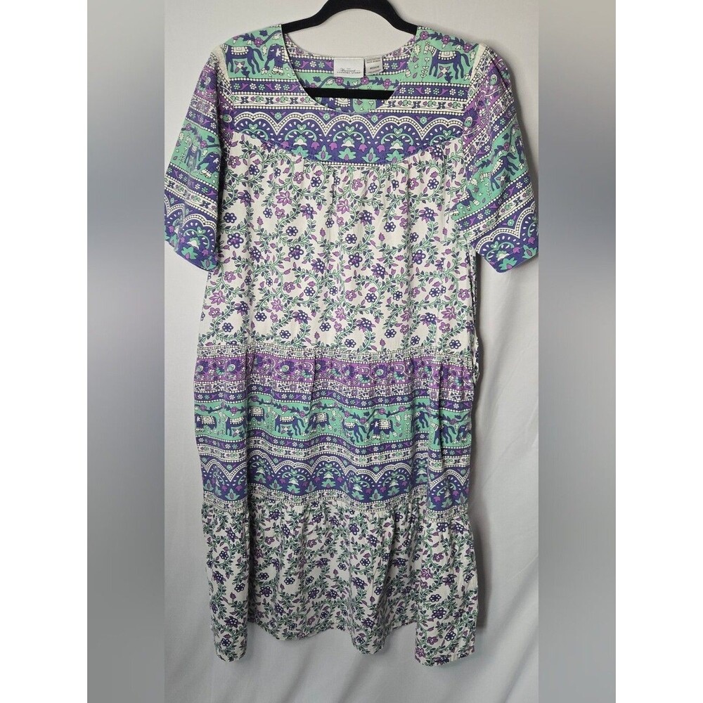 Vermont Country Store Women's M Tiered Maxi Dress Purple Green Floral Elephants